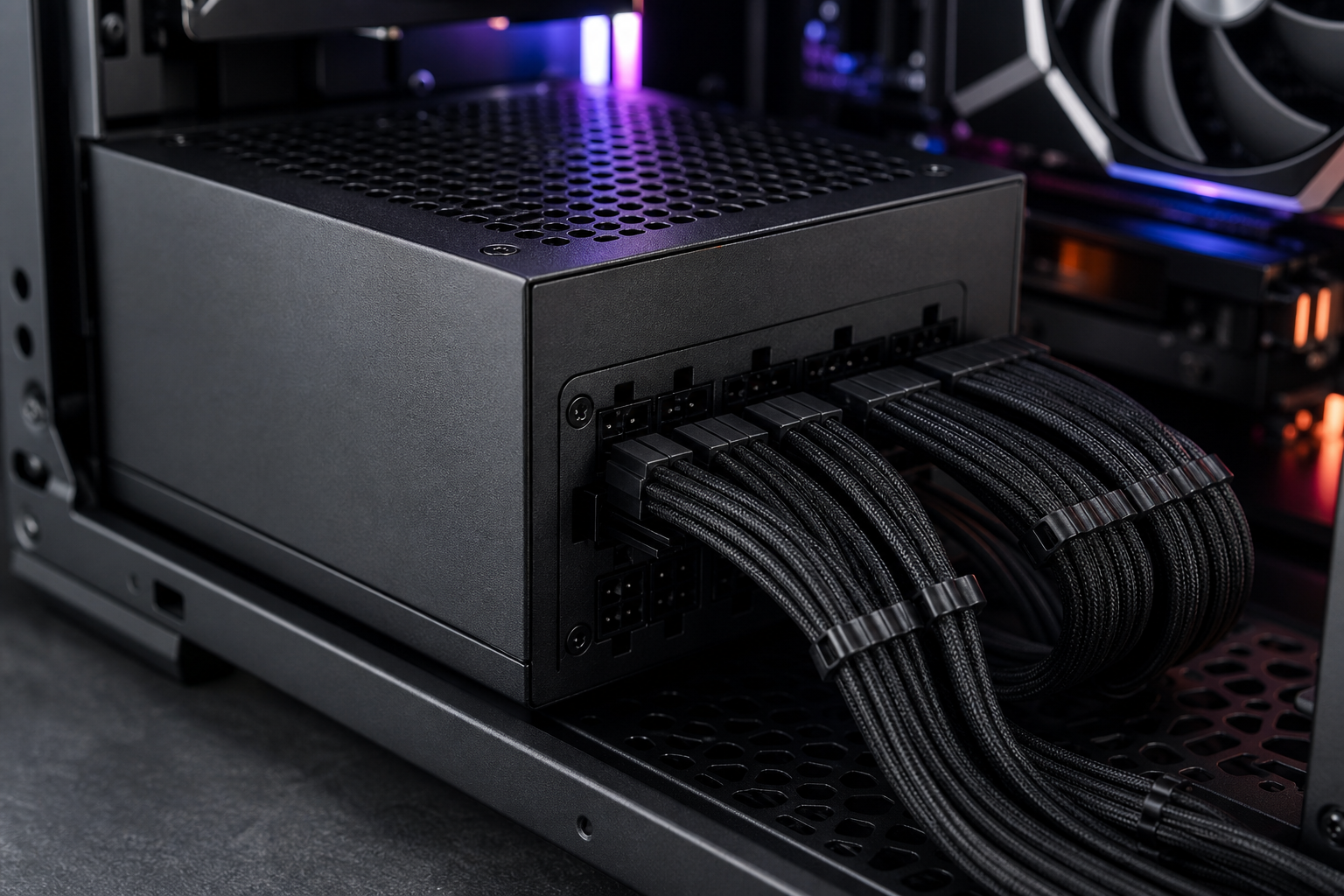 Close-up of a modular power supply with organized sleeved cabling inside a PC case