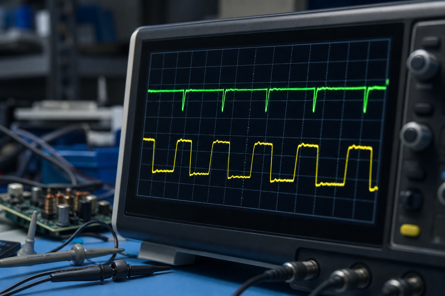 Oscilloscope displaying clean power delivery waveforms on screen