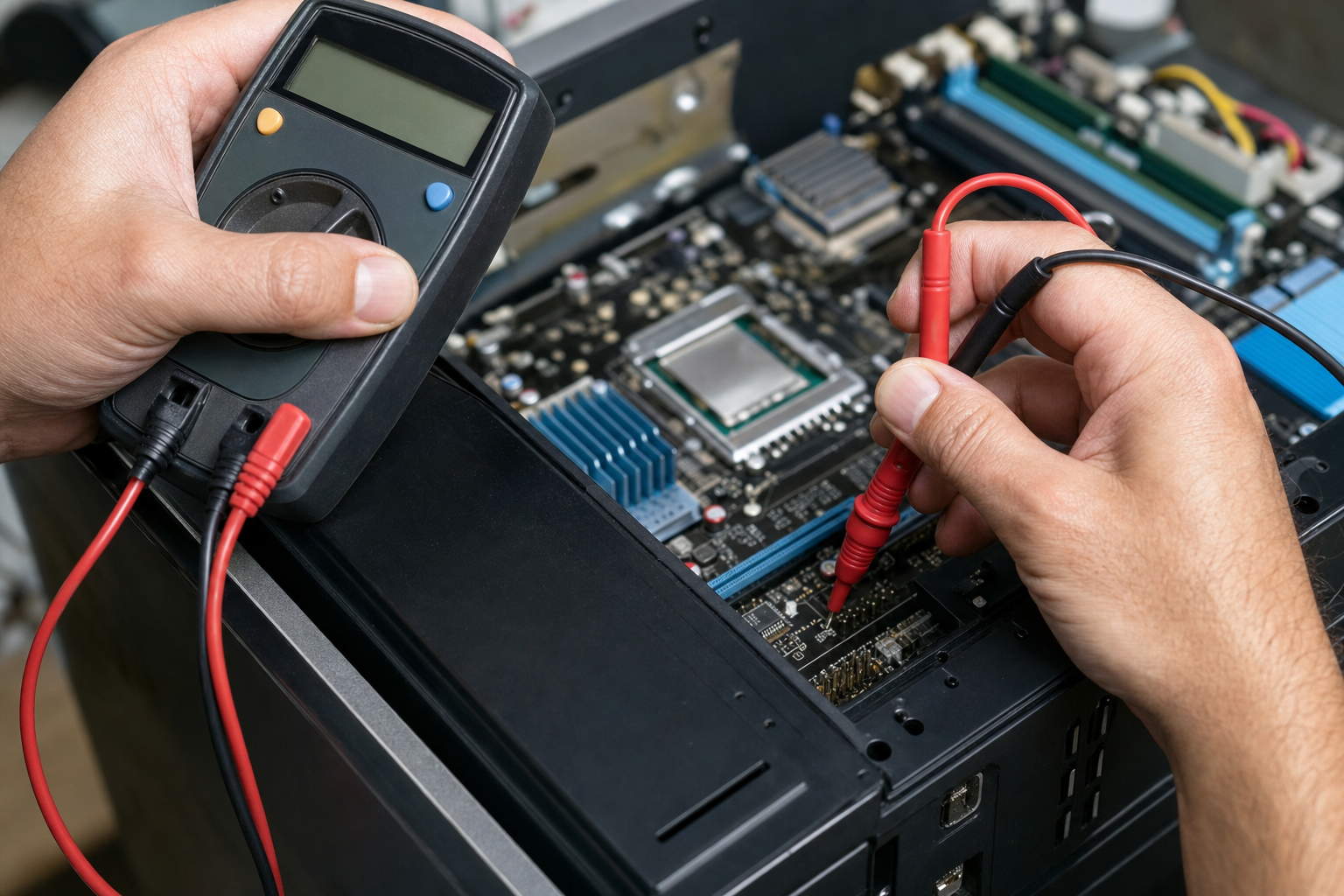 Technician measuring voltage with a multimeter inside an open PC