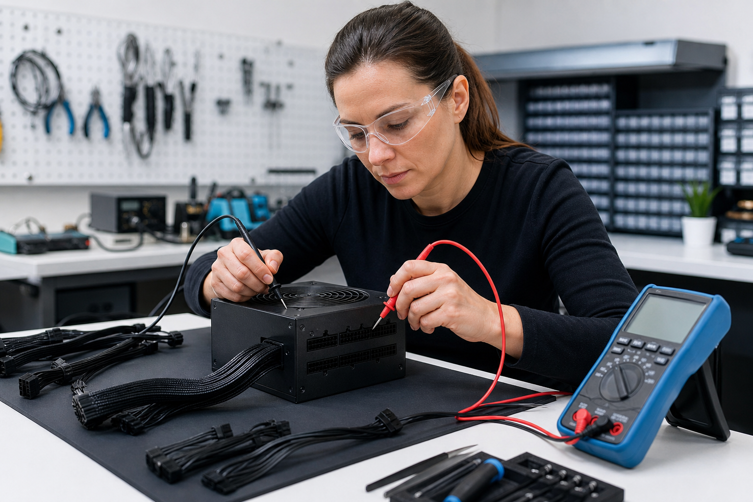 Technician testing a high-wattage power supply unit on a workbench with a multimeter, Columbus OH